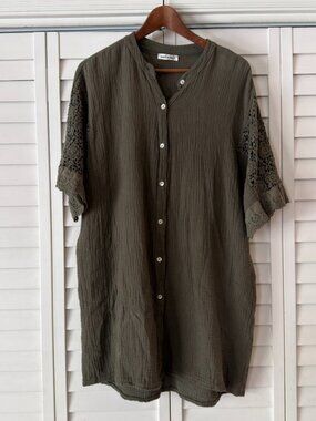Olive Green Textured Cotton Tunic/Shirt Dress